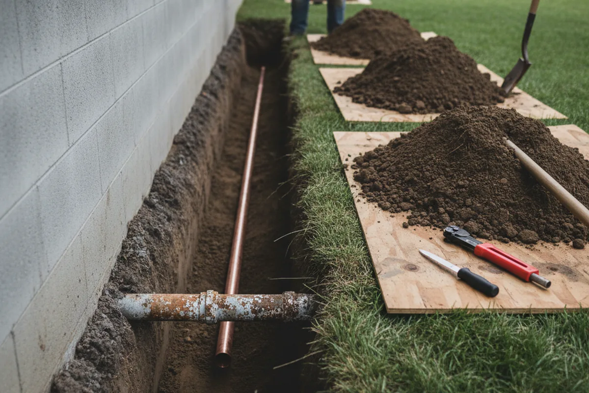 Excavated water line trench during Water Softener Installation in Bushnell